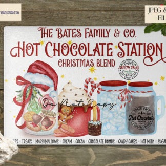 Red Themed Hot Chocolate Station Design Set featuring 6 designs, including an A4 family name option and 5 matching designs for mugs and jars. Ideal for festive crafting and gifting.