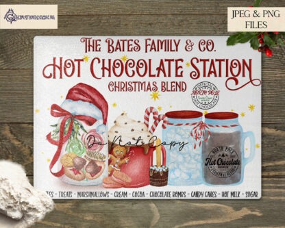 Red Themed Hot Chocolate Station Design Set featuring 6 designs, including an A4 family name option and 5 matching designs for mugs and jars. Ideal for festive crafting and gifting.