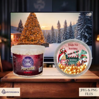 Christmas Movie Night Treat Design Set featuring 4 textless designs in red and green, perfect for popcorn tub toppers and Christmas treat tubs with round lids.