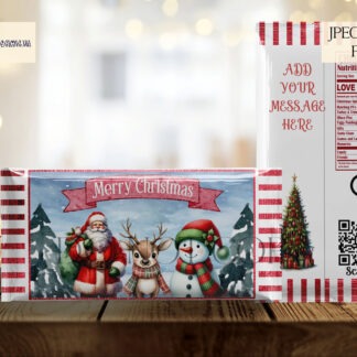 Santa and Friends Chocolate Bar Packet Design Set featuring 3 festive designs in red/green, baby blue, and pink. Ideal for 100g chocolate bars and Christmas gifting.