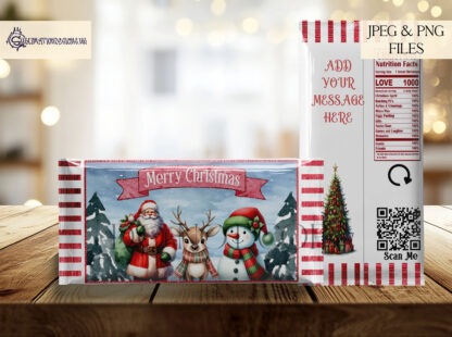 Santa and Friends Chocolate Bar Packet Design Set featuring 3 festive designs in red/green, baby blue, and pink. Ideal for 100g chocolate bars and Christmas gifting.