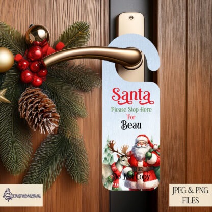 Santa Please Stop Here Door Hanger Design featuring red and green Santa and Friends artwork, ideal for creating festive door hangers with Smart Crafts blanks.