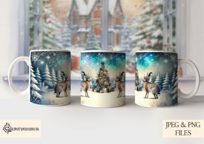 Majestic Animal Festive Mug Wrap Design Set featuring 9 animal designs including stags, Highland cows, robins, and penguins. Includes a blank template for customisation.