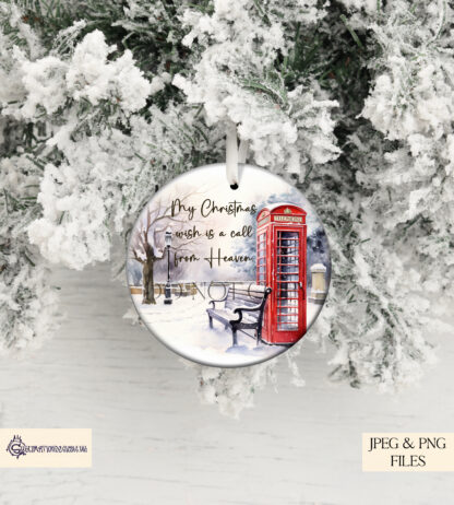 Christmas Memorial Phone Box Design Set featuring a classic red British phone box in a winter scene, ideal for remembrance baubles and holiday memorials.