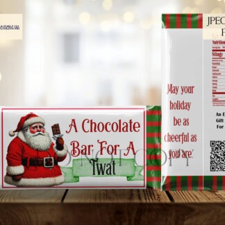 Comedy Bah Humbug Chocolate Bar Wrappers featuring grumpy Santa, elf, and reindeer with rude insults, perfect for Christmas gifts with a humorous twist.