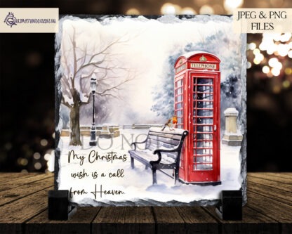 Christmas Memorial Phone Box Design Set featuring a classic red British phone box in a winter scene, ideal for remembrance baubles and holiday memorials.