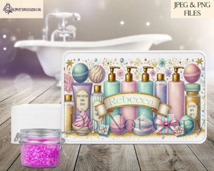 Bath Time Bliss Design Set featuring 4 A4 designs in pastel and vibrant themes with ribbon banners for personalisation.