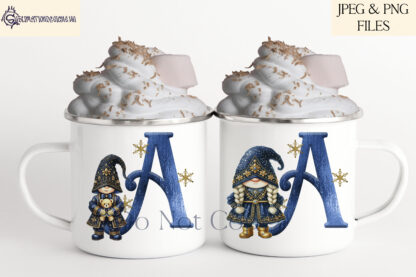 Navy Blue and Gold Glitzy Christmas Gnome Family Clip Art Design Set featuring 37 elements, including adult and child gnomes, alphabet letters, and a Christmas tree. Ideal for family-themed sublimation projects and holiday gifts.