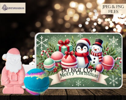 Christmas Bath Bomb Design Set featuring Santa, snowman, polar bear, and unicorn themes, perfect for sublimation tins with personalised message options.