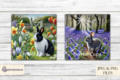 12 Months of Rabbits Design Set featuring various breeds of domestic rabbits for each month, ideal for calendars and wall art.