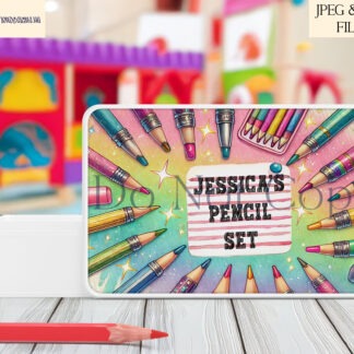 Pen and Pencil Sublimation Tin Design Set featuring customisable space for name or message, ideal for A4-sized tins for stationery organisation.