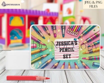 Pen and Pencil Sublimation Tin Design Set featuring customisable space for name or message, ideal for A4-sized tins for stationery organisation.