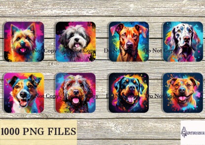 Vibrant Dog Bundle featuring over 1000 dog designs in PNG format, ideal for creative projects with various dog breeds.