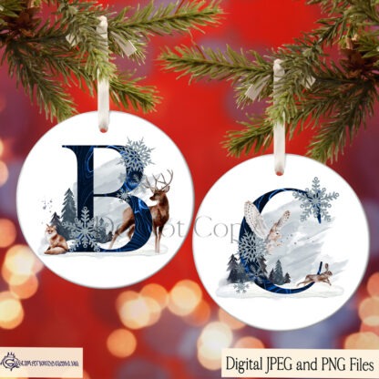 Elegant Winter Animal Alphabet in Navy Blue, featuring 26 letters with winter animal compositions, ideal for baubles, mugs, and seasonal décor.