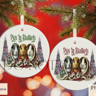 Guinea Pigs In Blankets Mug Wrap Design Set featuring festive guinea pigs in blankets with red and green "Pigs in Blankets" wording.