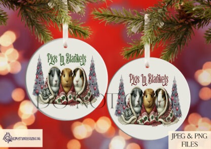 Guinea Pigs In Blankets Mug Wrap Design Set featuring festive guinea pigs in blankets with red and green "Pigs in Blankets" wording.