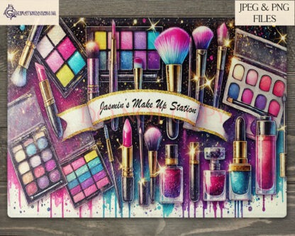 Glitzy Makeup Designs Set featuring 3 A4 templates perfect for makeup storage tins and chopping boards with personalisation options.