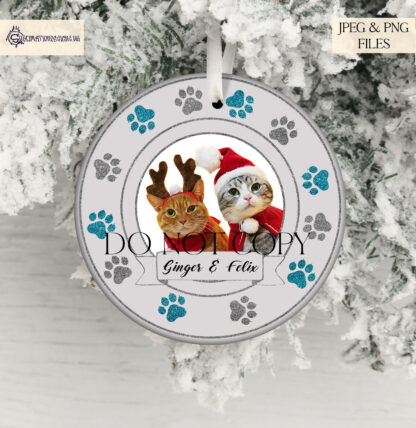 Christmas Cat Bauble Sublimation Design Set featuring 10 vibrant colour options for creating personalised cat ornaments with customisable name and photo banners.