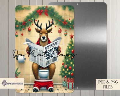 Santa’s Toilet Humour Comedy Design Set featuring Santa, Mrs Claus, and a reindeer sitting on the toilet with newspapers, perfect for Christmas wall art.