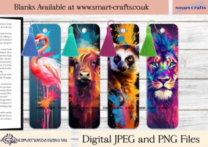 Vibrant Animal Paint Splash Bookmark Bundle featuring 103 designs of animals like tigers, lions, and dragonflies in a unique paint splash effect.