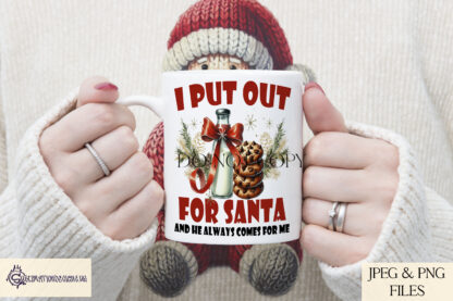 I Put Out For Santa Comedy Design Set featuring humorous Christmas designs with milk bottles, cookies, and playful adult-themed wording.