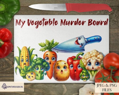 Vegetable Murder Board Comedy Kitchen Designs featuring shocked vegetable characters and sinister chef's knives for chopping boards.