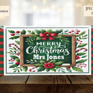 Christmas Teacher Chocolate Bar Wrapper Set featuring festive designs for teachers, including an apple, desk, and chalkboard themes.