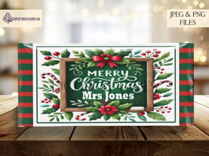 Christmas Teacher Chocolate Bar Wrapper Set featuring festive designs for teachers, including an apple, desk, and chalkboard themes.