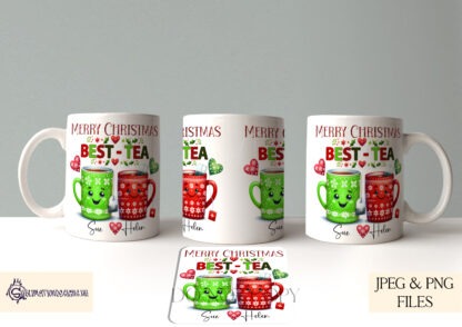 Merry Christmas Best-Tea Design Set featuring whimsical tea mugs in festive colours, ideal for coasters, mugs, and holiday gifts.