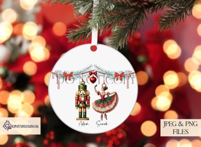 Nutcracker and Ballerina Hanging Ornament Couples Design Set featuring 3 textless designs. Includes male/female, female/female, and male/male couples. Perfect for baubles, cards, slates, and personalized holiday gifts.