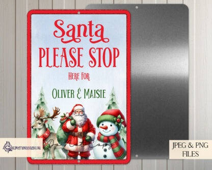 Santa Please Stop Here Design Set featuring A4 and hexagon-shaped designs with blue and white backgrounds. Includes space to add a child’s name. Perfect for sublimation on TL Blanks and aluminium sheets.