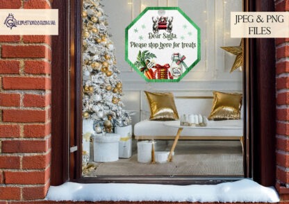 Santa Please Stop Here for Treats Design Set featuring 3 hexagonal designs in red, green, and gold. Includes a blue sky background option. Ideal for TL Blanks and Christmas décor.