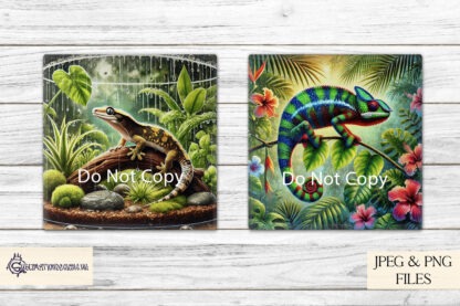 12 Months of Reptiles Design Set featuring 12 unique images of reptiles like geckos, iguanas, snakes, and frogs in terrarium setups for each month. Ideal for calendars and crafting.