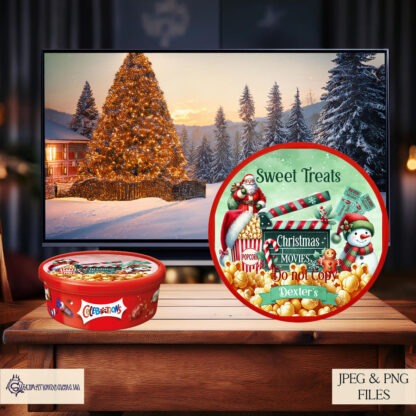 Christmas Movie Night Treat Design Set featuring 4 textless designs in red and green, perfect for popcorn tub toppers and Christmas treat tubs with round lids.