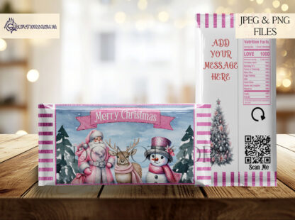 Santa and Friends Chocolate Bar Packet Design Set featuring 3 festive designs in red/green, baby blue, and pink. Ideal for 100g chocolate bars and Christmas gifting.