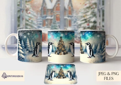 Majestic Animal Festive Mug Wrap Design Set featuring 9 animal designs including stags, Highland cows, robins, and penguins. Includes a blank template for customisation.