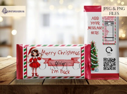 Elf Chocolate Bar Wrappers Set featuring boy and girl elf designs, ideal for festive 100g chocolate bar gifts and naughty elf arrival surprises.