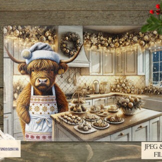 Christmas Kitchen Animal Designs Set featuring reindeer and highland cow chefs in a festive white and gold kitchen, ideal for chopping boards and holiday décor.