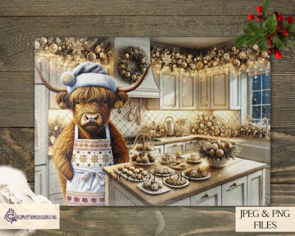 Christmas Kitchen Animal Designs Set featuring reindeer and highland cow chefs in a festive white and gold kitchen, ideal for chopping boards and holiday décor.