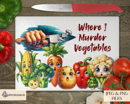 Vegetable Murder Board Comedy Kitchen Designs featuring shocked vegetable characters and sinister chef's knives for chopping boards.