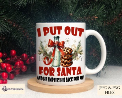 I Put Out For Santa Comedy Design Set featuring humorous Christmas designs with milk bottles, cookies, and playful adult-themed wording.