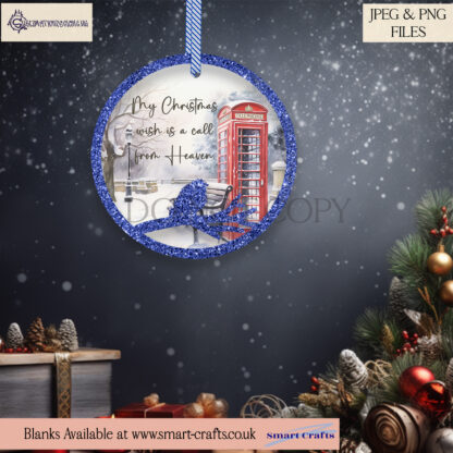 Christmas Memorial Phone Box Design Set featuring a classic red British phone box in a winter scene, ideal for remembrance baubles and holiday memorials.