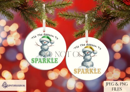 'Tis The Season To Sparkle Disco Ball Snowman Design featuring a snowman made of disco balls in red, green, silver, gold, blue, and pink variations.