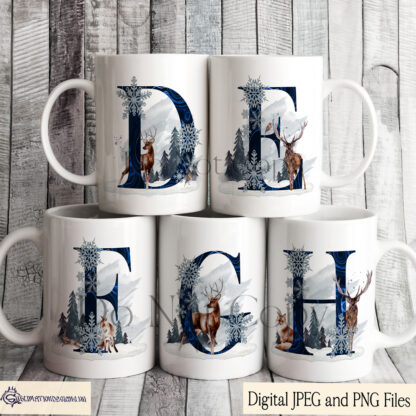 Elegant Winter Animal Alphabet in Navy Blue, featuring 26 letters with winter animal compositions, ideal for baubles, mugs, and seasonal décor.