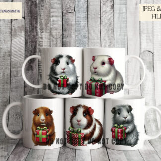 Water coloured Guinea Pigs with Christmas Gifts Clip Art Set featuring 12 festive guinea pigs in various colours, ideal for holiday décor and gift products.