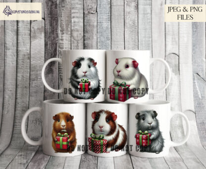 Water coloured Guinea Pigs with Christmas Gifts Clip Art Set featuring 12 festive guinea pigs in various colours, ideal for holiday décor and gift products.