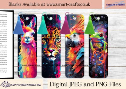 Vibrant Animal Paint Splash Bookmark Bundle featuring 103 designs of animals like tigers, lions, and dragonflies in a unique paint splash effect.