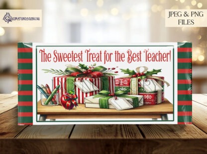 Christmas Teacher Chocolate Bar Wrapper Set featuring festive designs for teachers, including an apple, desk, and chalkboard themes.