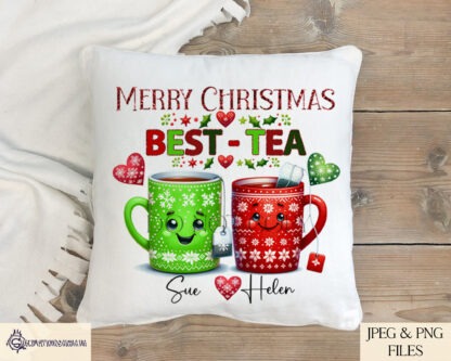 Merry Christmas Best-Tea Design Set featuring whimsical tea mugs in festive colours, ideal for coasters, mugs, and holiday gifts.