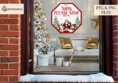 Santa Please Stop Here Design Set featuring A4 and hexagon-shaped designs with blue and white backgrounds. Includes space to add a child’s name. Perfect for sublimation on TL Blanks and aluminium sheets.